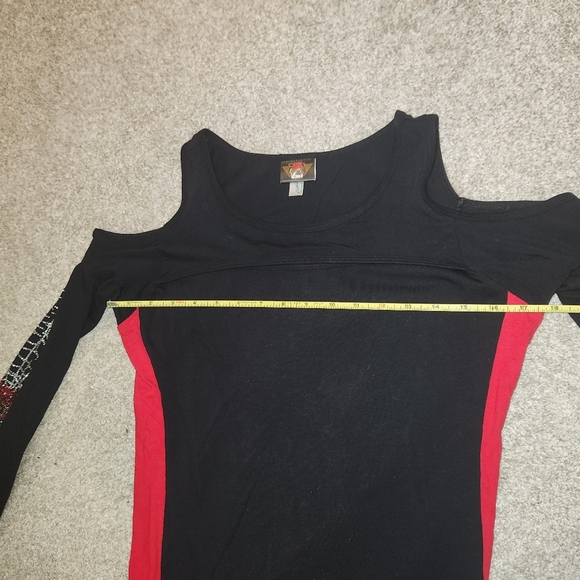 Bikers Den Stretch Open Shoulder & Neckline Bling Sleeve Spider And Web Shirt - Picture 10 of 10